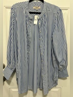 LOFT Blue & White Striped Relaxed Button-Down Blouse